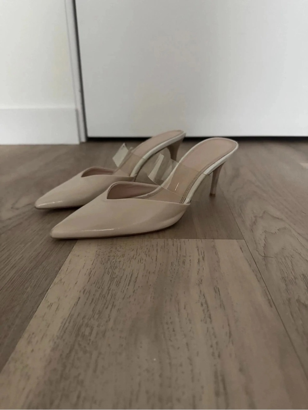 Zara Patent Pointed-Toe Nude Beige Mule Heels